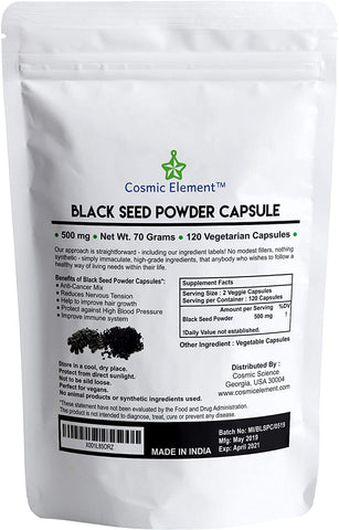 Cosmic Element Black Seed Powder Capsules - Source of Omega 3 6 9 - Nigella Sativa Black Cumin Seeds - Super antioxidant for Immune Support, Joints, Digestion, Hair & Skin - 120 Vegetable Powder Caps - CosmicElement