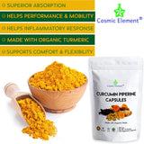 Cosmic Element Curcumin Piperine Capsules, Anti-Inflammatory Powder with Turmeric and Black Pepper for Joint Support and Pain Relief | USDA Organic Supplement - 500 mg (120 Vegetable Capsules) - CosmicElement