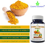 Turmeric w/BioPerine Capsules 1005 mg, Powder with Turmeric and Black Pepper for Joint Support and Pain Relief | USDA Organic Supplement - (60 Veg Capsules) - CosmicElement